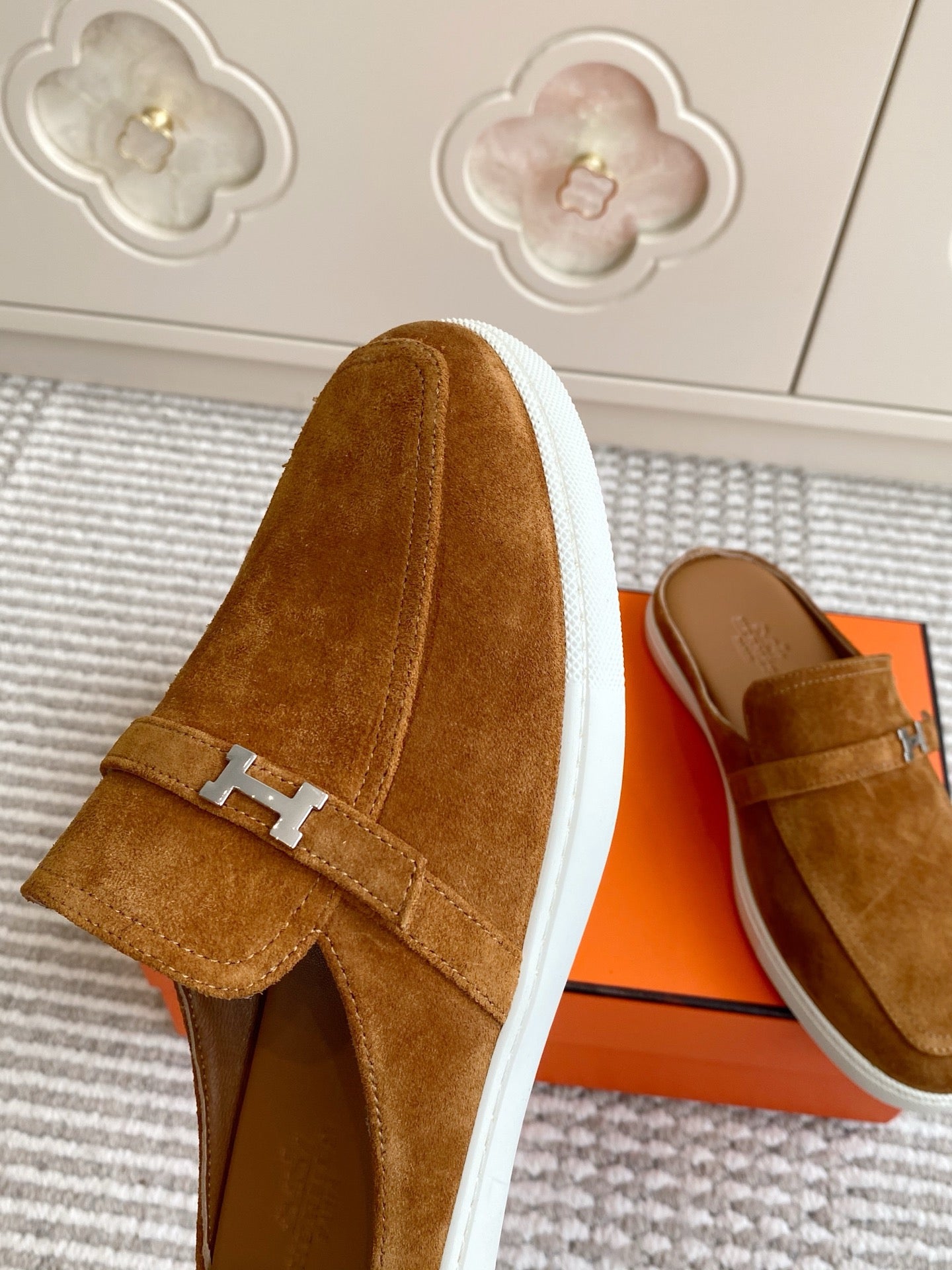 HERMES 25S MULES IN BROWN SUEDE WITH SILVER HARDWARE