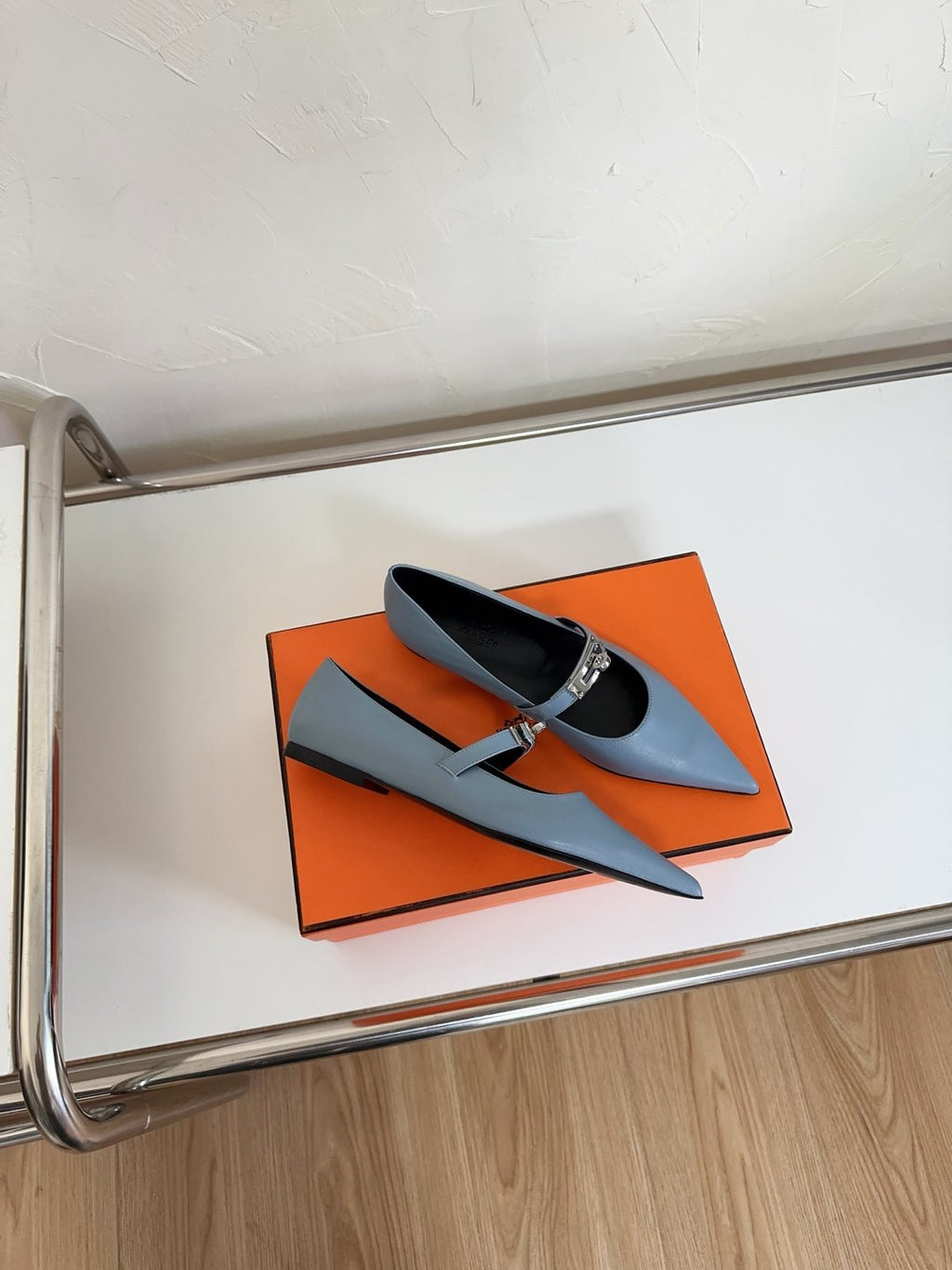 HERMES KIARA FLAT PUMP IN CERULEAN BLUE CALFSKIN