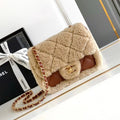 CHANEL MINI FLAP BAG 18 IN BEIGE WOOL AND GINGER ORANGE CALFSKIN GOLD HARDWARE