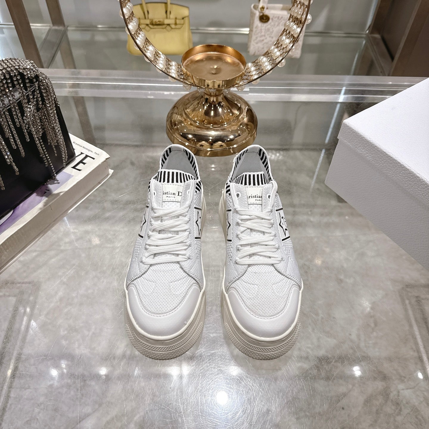 DIOR CD STAR SNEAKER 4CM IN WHITE MESH FABRIC BLACK STRIPE COLLAR DETAIL