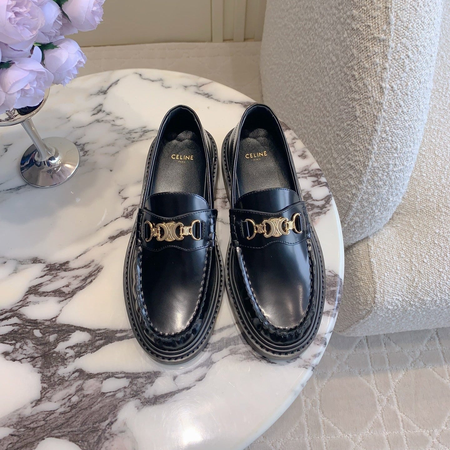 CELINE CHANEL  25S ARC DE TRIOMPHE LOAFERS IN BLACK SHINY CALFSKIN GOLD HARDWARE