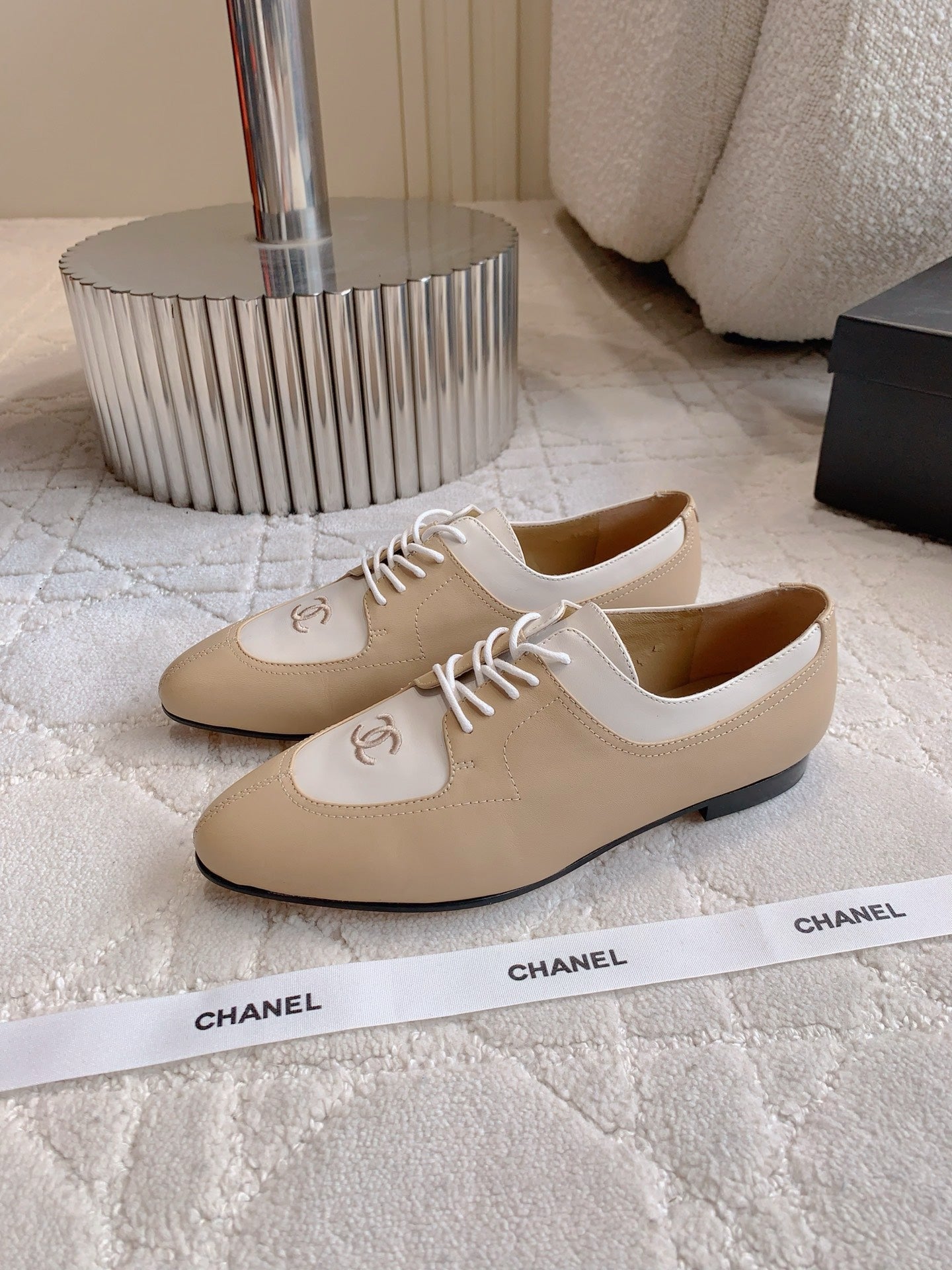 CHANEL 25S TWO TONE LACE UP IN BEIGE CALFSKIN