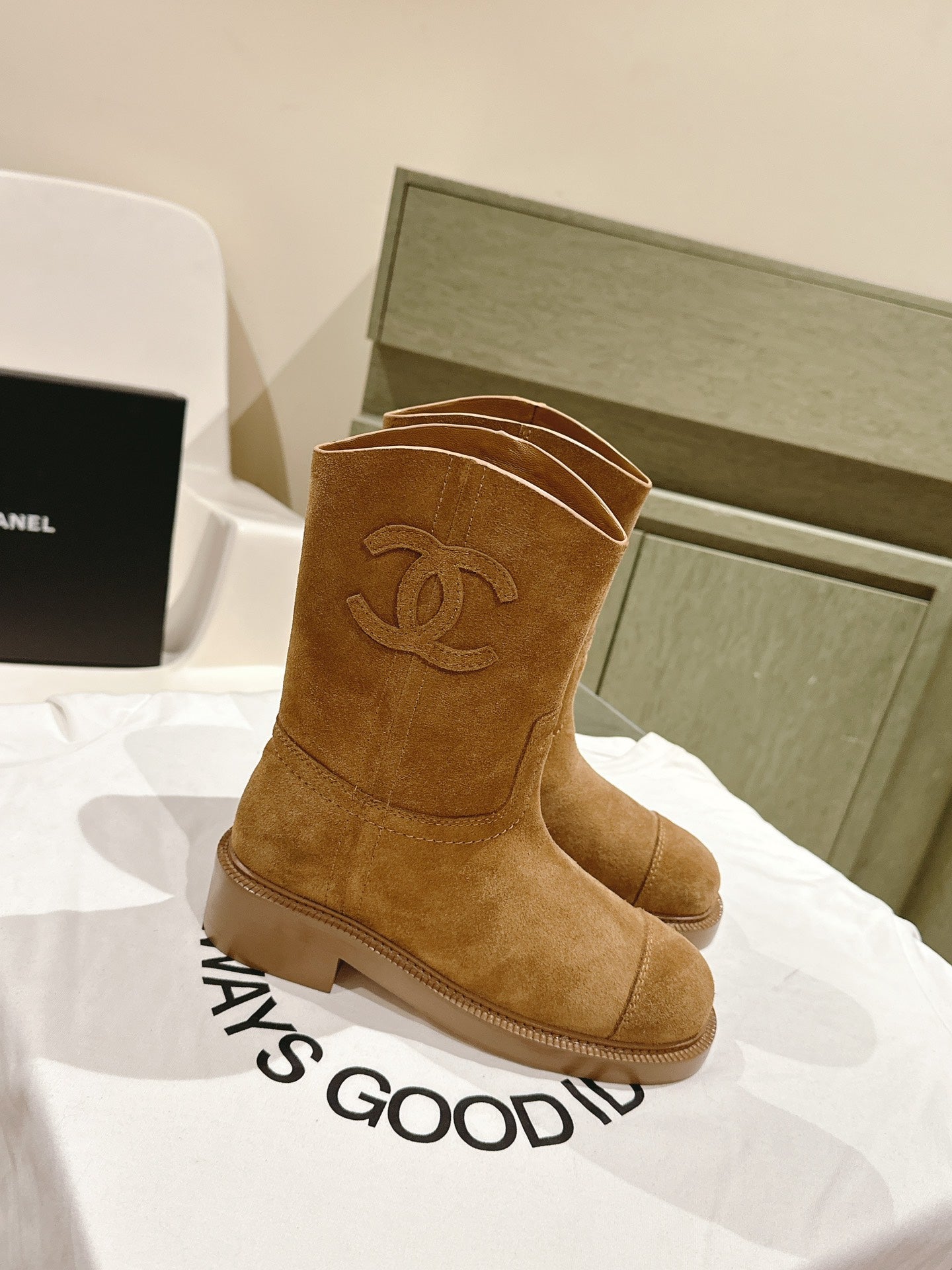 CHANEL SHORT BOOTS PEANUT BROWN SUEDE CALFSKIN