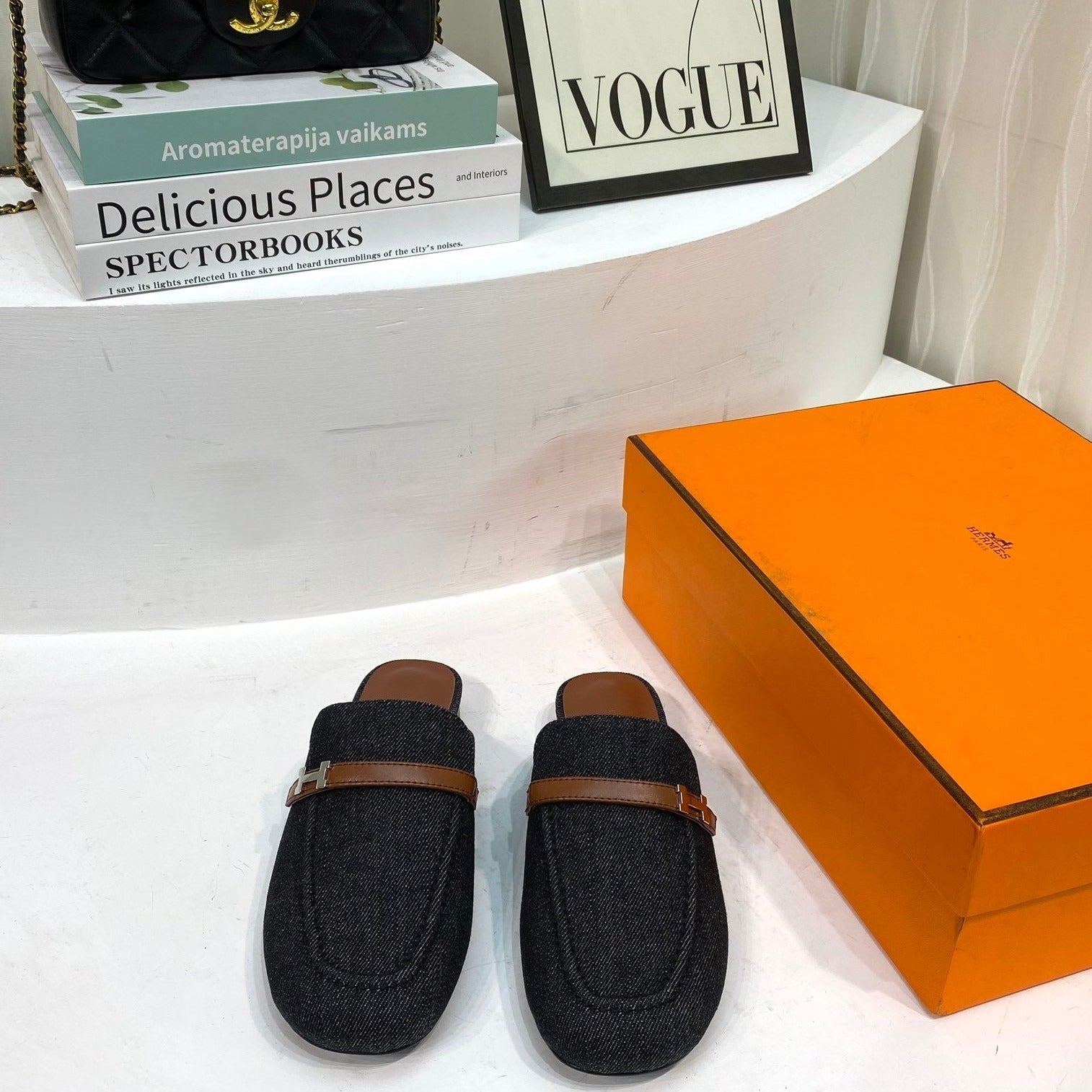 HERMES IENA MULE  BLACK CANVAS AND BROWN CALFSKIN