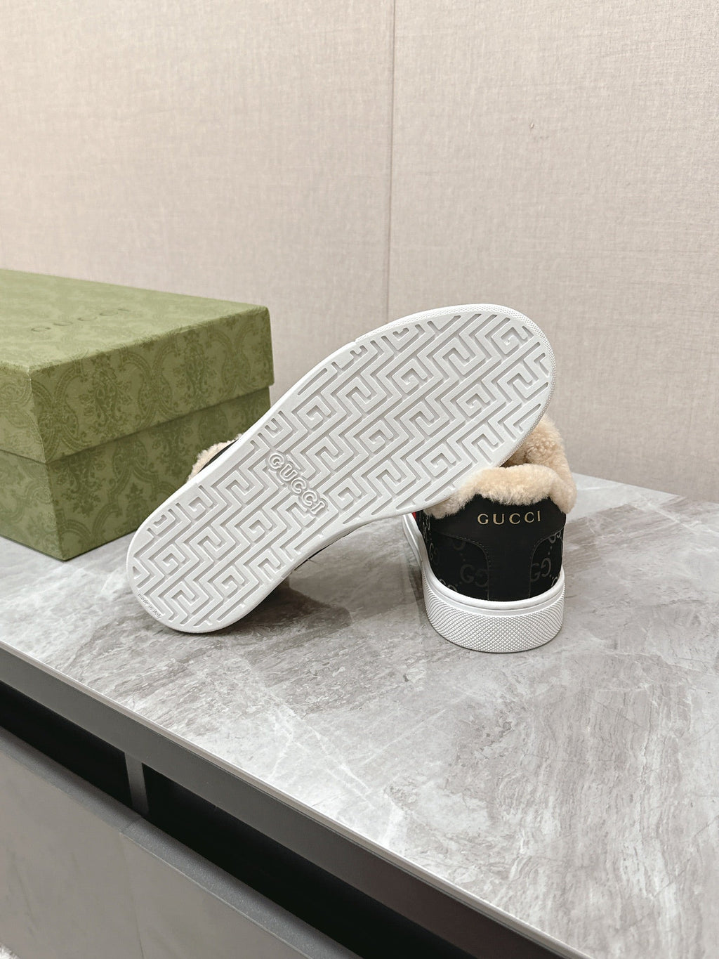 GUCCI ACE SNEAKER WITH WEB IN BLACK EMBOSSED SUEDE AND WOOL LINING