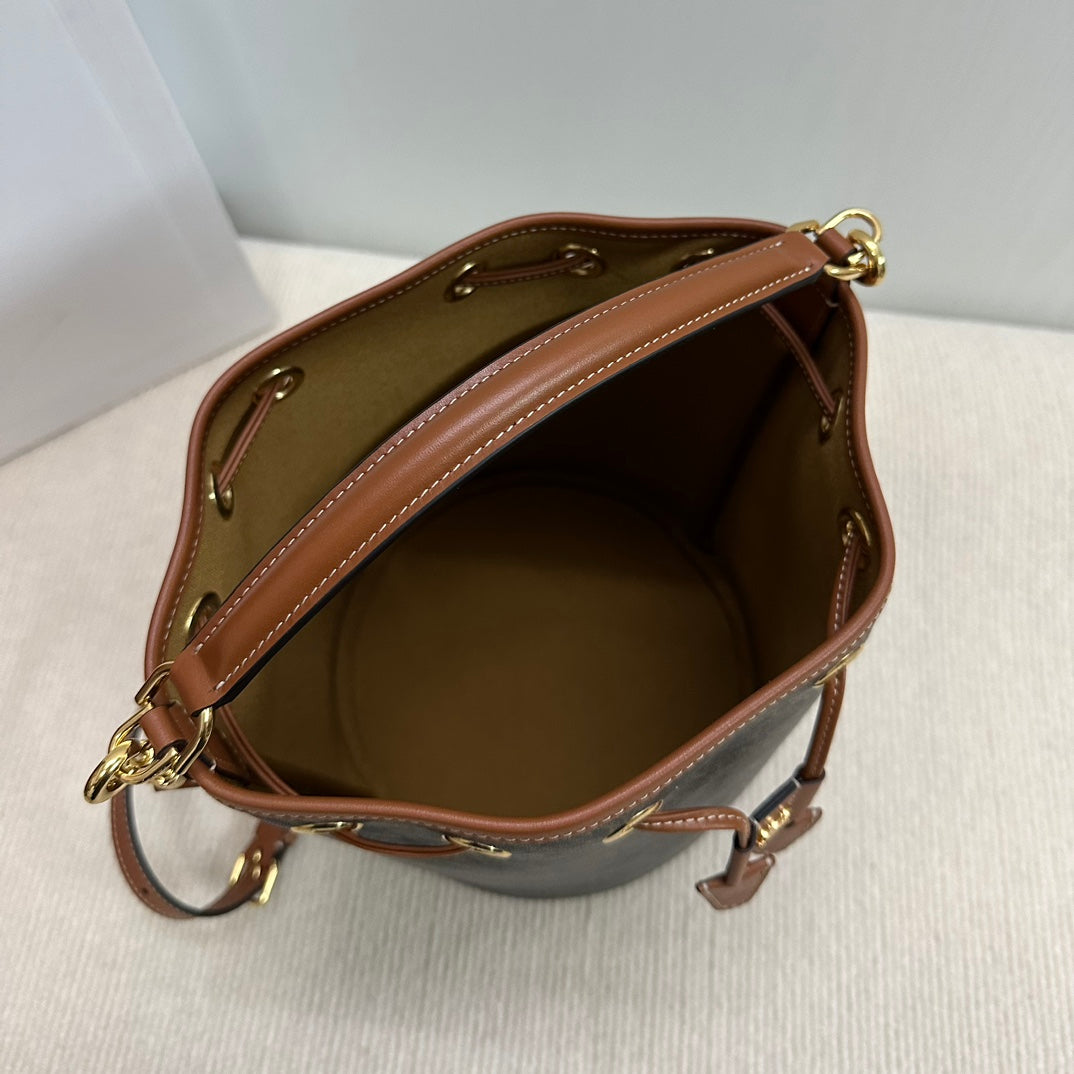 CELINE CLARA BAG 24 IN BLACK TRIOMPHE CANVAS AND BROWN CALFSKIN TRIM