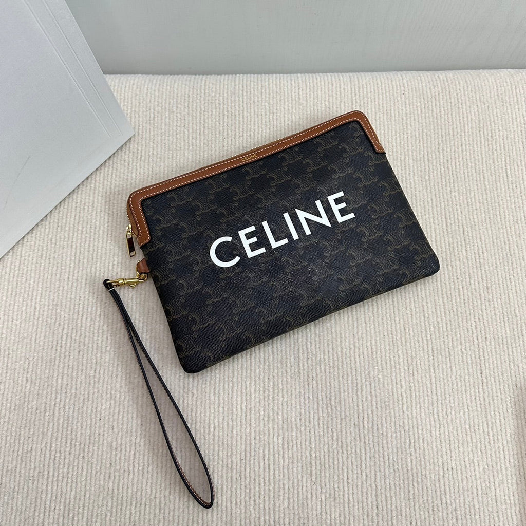 CELINE SMALL POUCH 25 IN BLACK TRIOMPHE CANVAS AND BROWN CALFSKIN WITH  PRINT