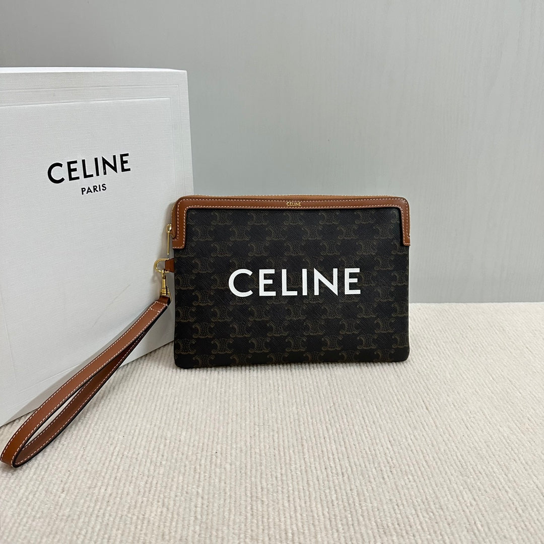 CELINE SMALL POUCH 25 IN BLACK TRIOMPHE CANVAS AND BROWN CALFSKIN WITH  PRINT