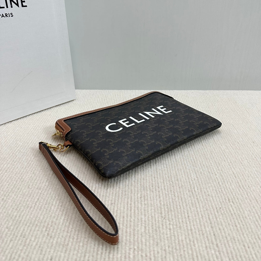 CELINE SMALL POUCH 25 IN BLACK TRIOMPHE CANVAS AND BROWN CALFSKIN WITH  PRINT