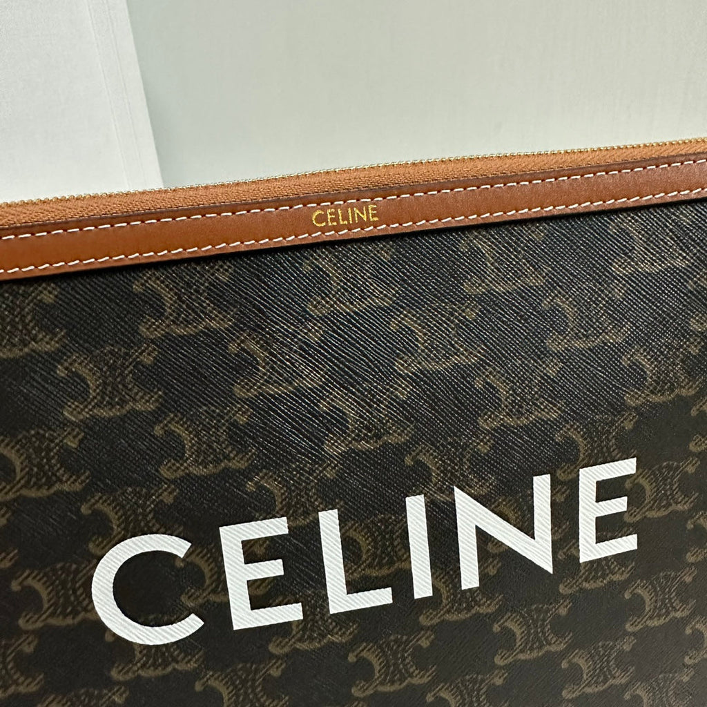 CELINE SMALL POUCH 25 IN BLACK TRIOMPHE CANVAS AND BROWN CALFSKIN WITH  PRINT