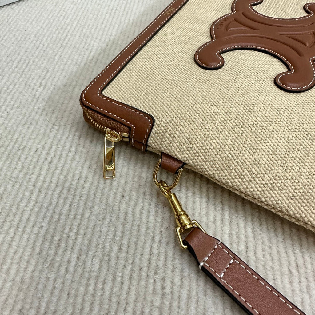CELINE SMALL POUCH 25 IN BEIGE CANVAS AND BROWN CALFSKIN
