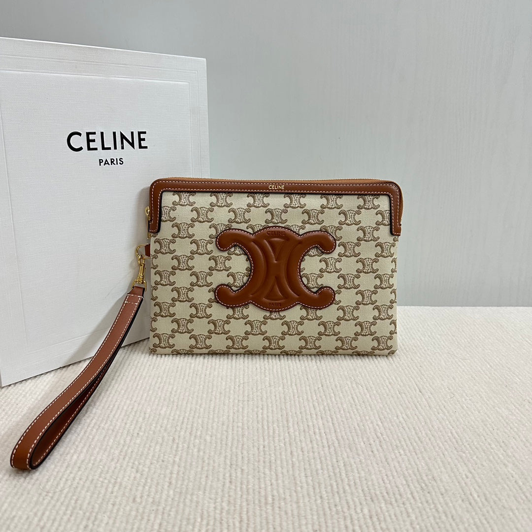 CELINE SMALL POUCH 25 IN BEIGE TRIOMPHE TEXTILE AND BROWN CALFSKIN