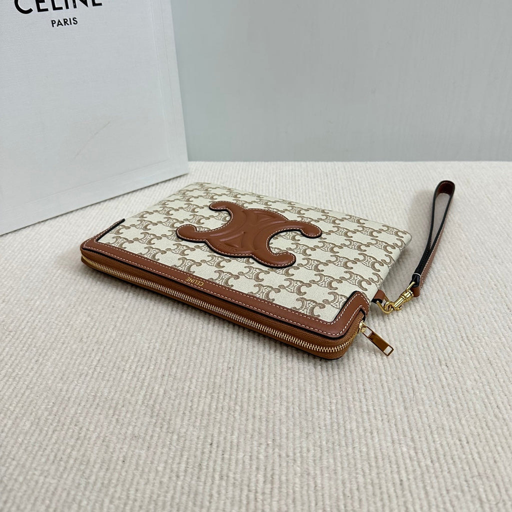 CELINE SMALL POUCH 25 IN BEIGE TRIOMPHE TEXTILE AND BROWN CALFSKIN