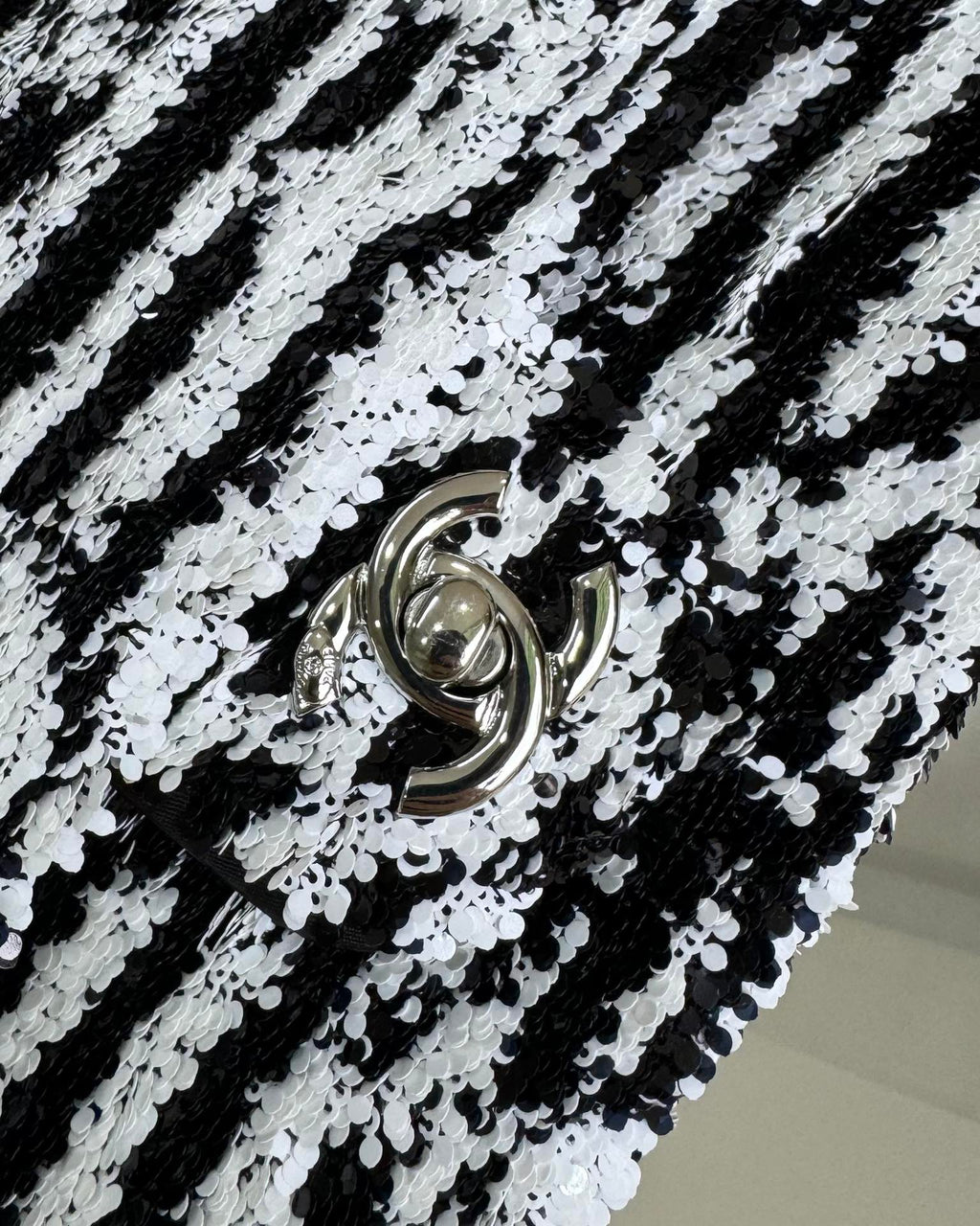 CHANEL FLAP BAG 20 IN BLACK AND WHITE SEQUINS SILVER HARDWARE