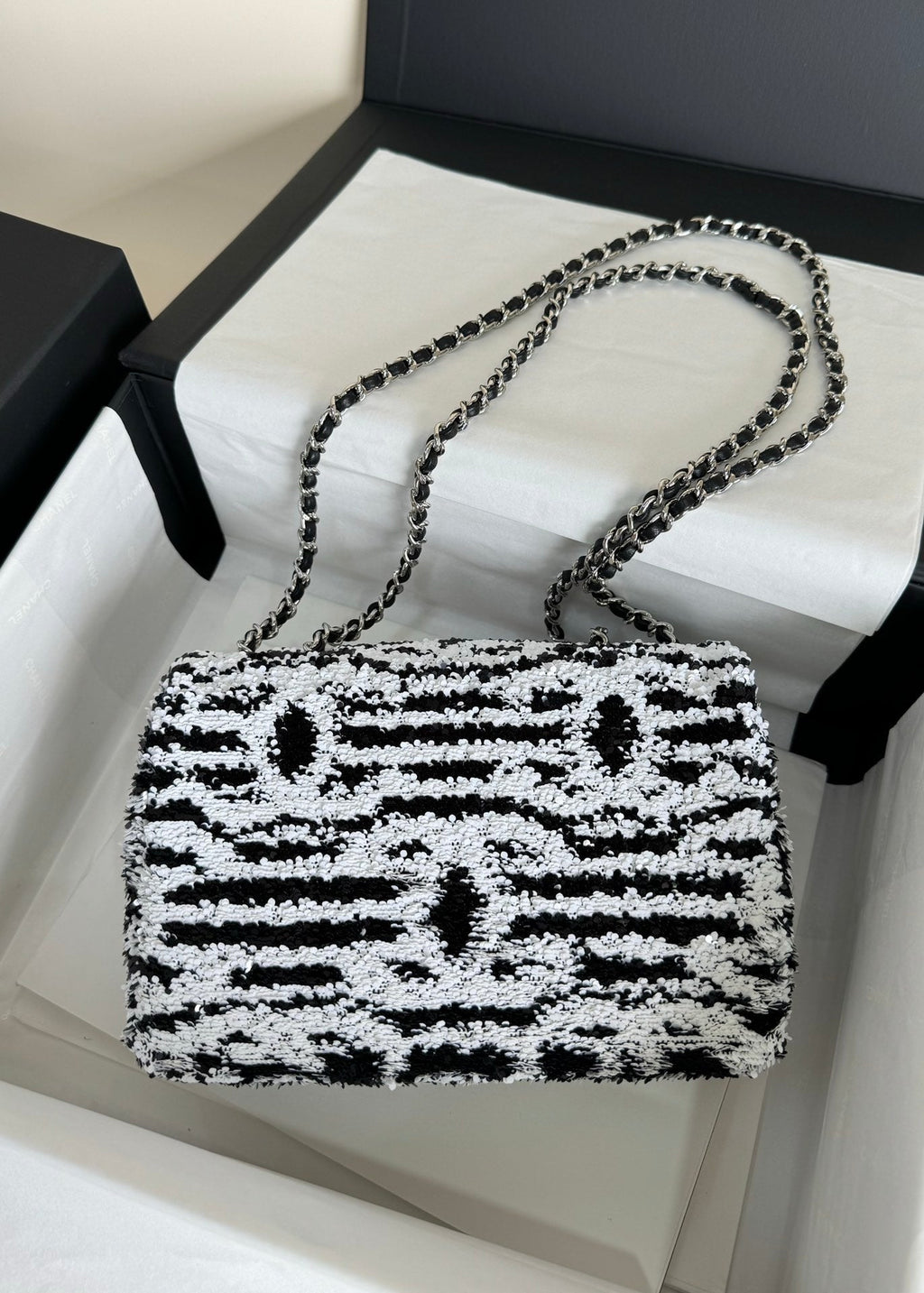 CHANEL FLAP BAG 20 IN BLACK AND WHITE SEQUINS SILVER HARDWARE