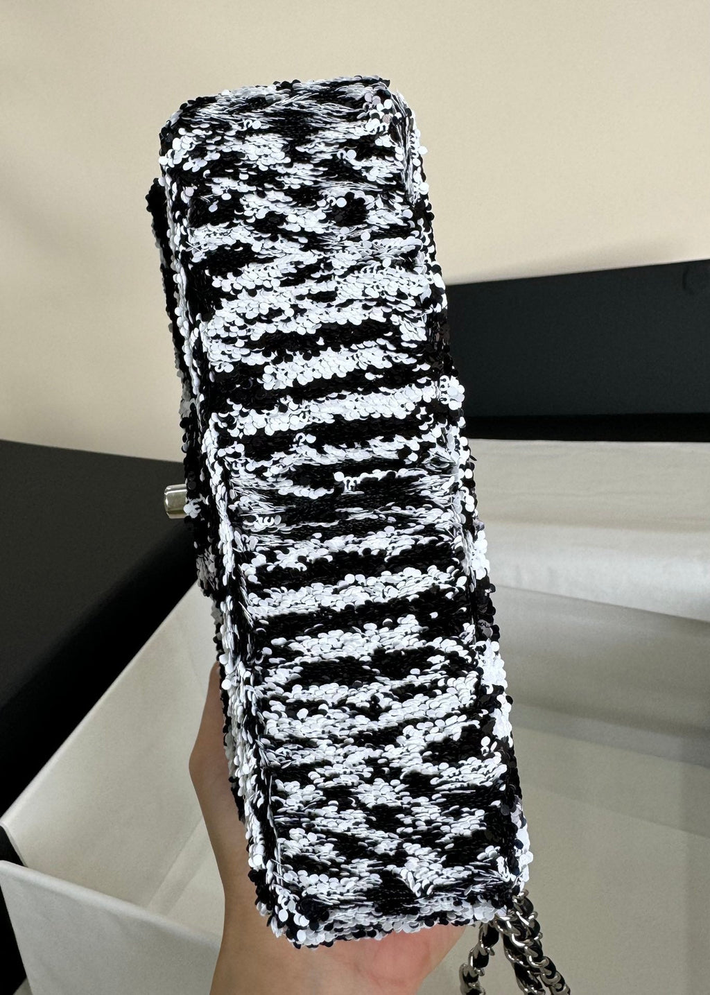 CHANEL FLAP BAG 20 IN BLACK AND WHITE SEQUINS SILVER HARDWARE