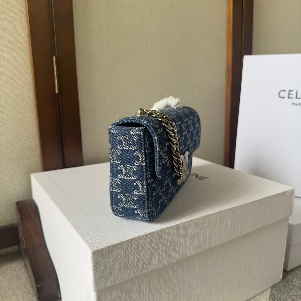 CELINE CHAIN SHOULDER BAG CLAUDE 20 IN BAYOUX BLUE TRIOMPHE DENIM SILVER HARDWARE