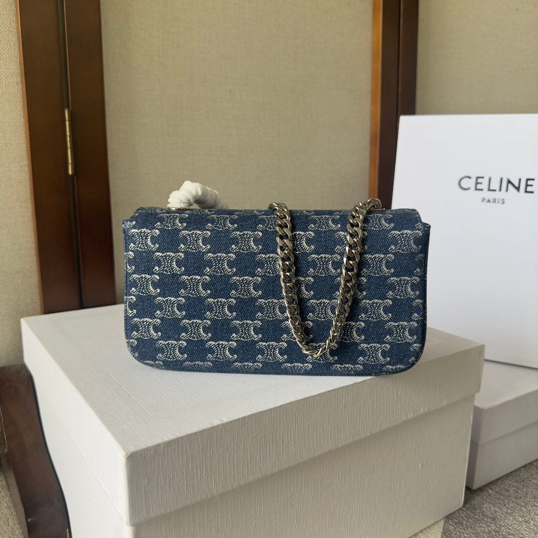 CELINE CHAIN SHOULDER BAG CLAUDE 20 IN BAYOUX BLUE TRIOMPHE DENIM SILVER HARDWARE