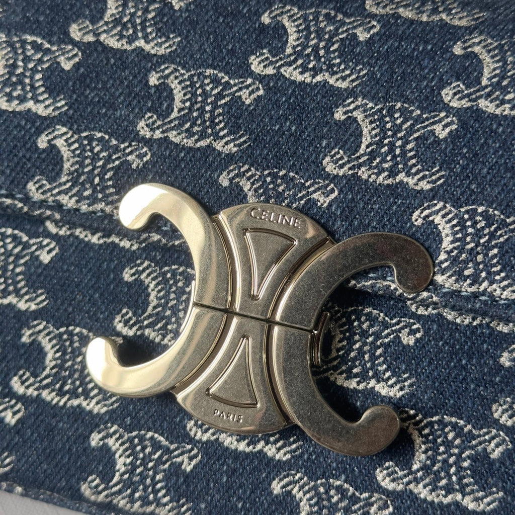 CELINE CHAIN SHOULDER BAG CLAUDE 20 IN BAYOUX BLUE TRIOMPHE DENIM SILVER HARDWARE