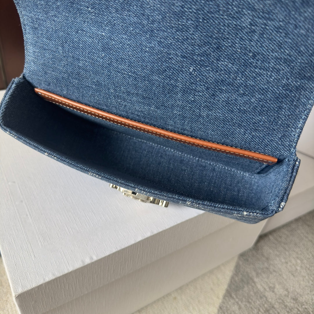 CELINE CHAIN SHOULDER BAG CLAUDE 20 IN BAYOUX BLUE TRIOMPHE DENIM SILVER HARDWARE