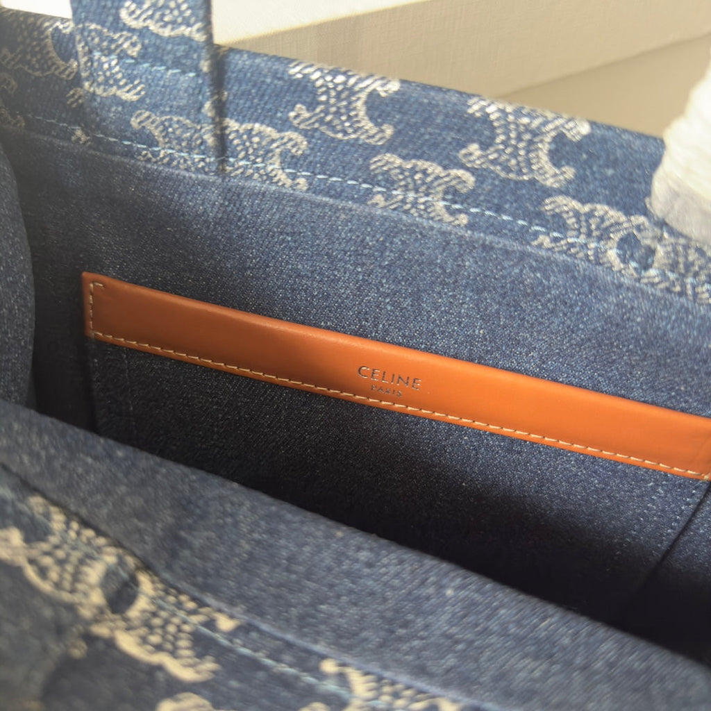 CELINE SMALL CABAS THAIS 25 IN BAYOUX BLUE TRIOMPHE DENIM AND BRONZE BROWN CALFSKIN
