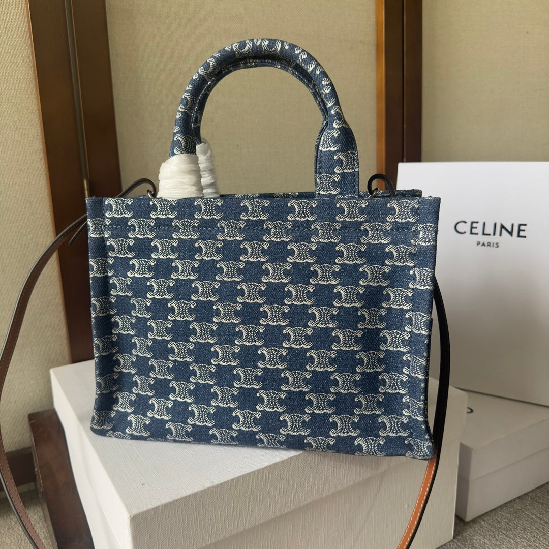 CELINE SMALL CABAS THAIS 25 IN BAYOUX BLUE TRIOMPHE DENIM AND BRONZE BROWN CALFSKIN