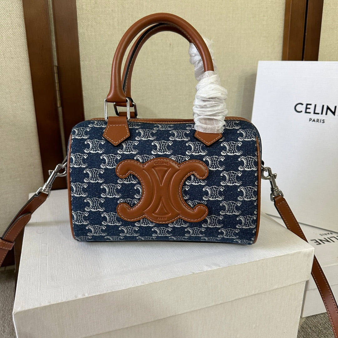 CELINE SMALL BOSTON 19 IN SPACE BLUE TRIOMPHE DENIM AND BROWN CALFSKIN TRIM