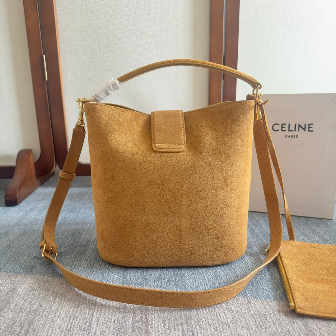 CELINE MINI BUCKET LOUISE 25 CARAMEL BROWN IN NUBUCK