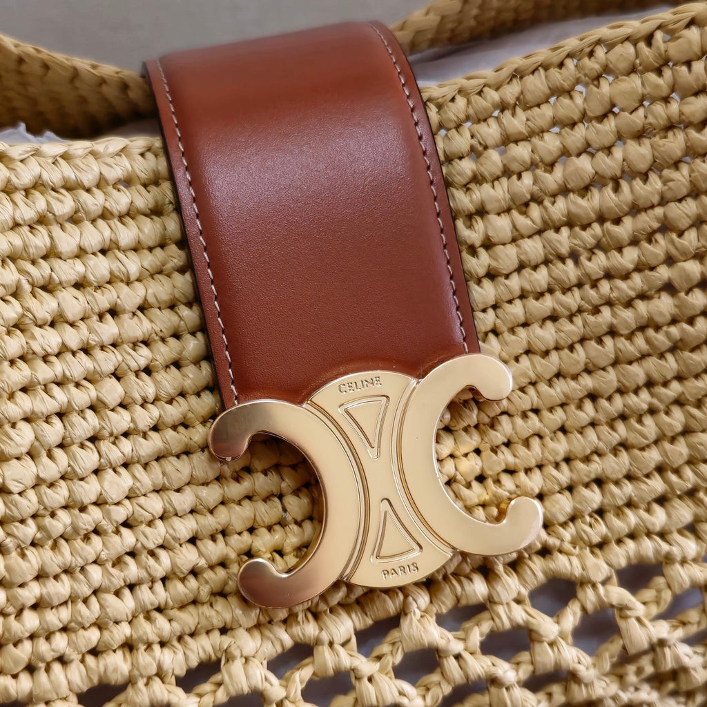 CELINE SMALL LOUISE BUCKET 25 IN BEIGE RAFFIA AND CALFSKIN