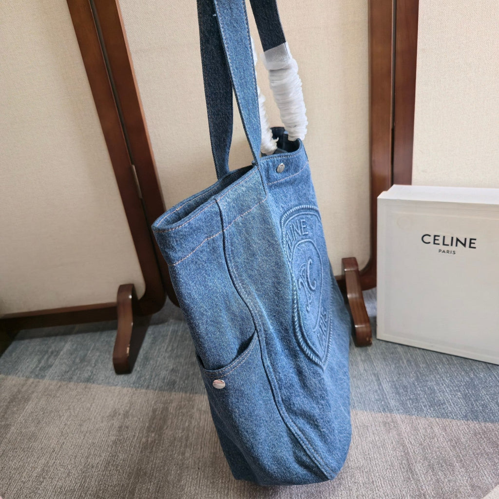 CELINE 25S DENIM CABAS BAG 50MM IN BLUE CANVAS