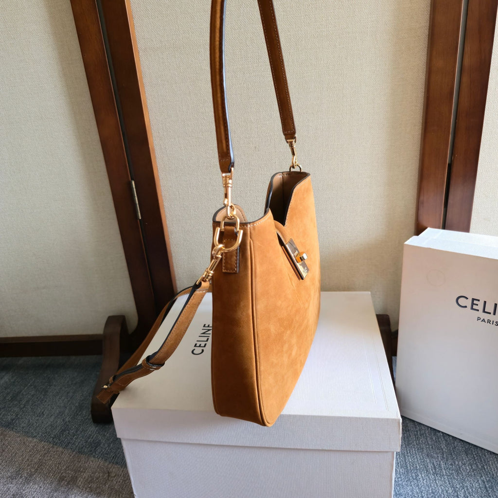 CELINE 25S SMALL CAMILLE 16 SOFT BAG 24MM IN CARAMEL BROWN SUEDE