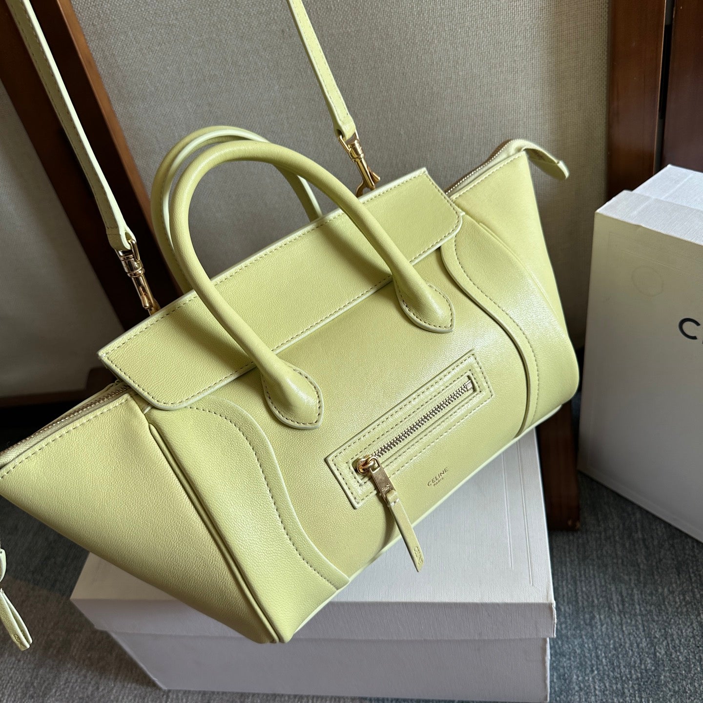 CELINE 25S NEW LUGGAGE 36MM IN PASTEL YELLOW CALFSKIN GOLD HARDWARE