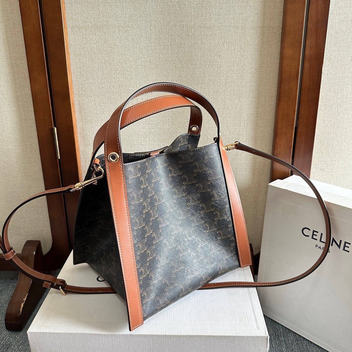 CELINE 25S CUBE BAG 18MM IN BLACK TRIOMPHE CANVAS AND DARK BORWN CALFSKIN