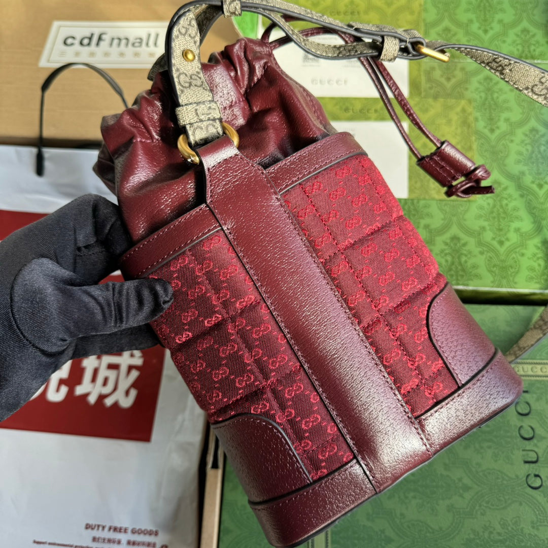 GUCCI BUCKET BAG 18 IN BURGUNDY RED CANVAS AND CALFSKIN GOLD HARDWARE