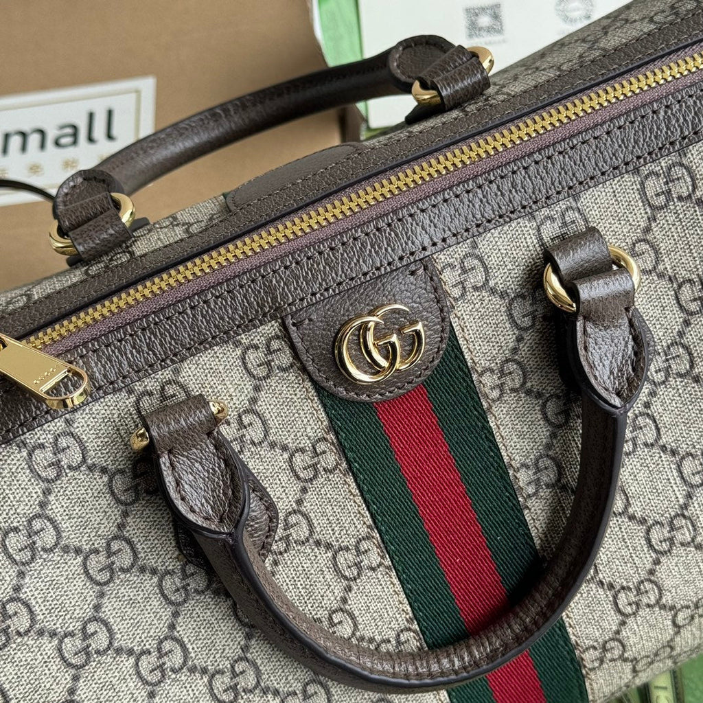 GUCCI OPHIDIA LARGE BOSTON BAG 31 IN BEIGE EBONY  BROWN CALFSKIN TRIM