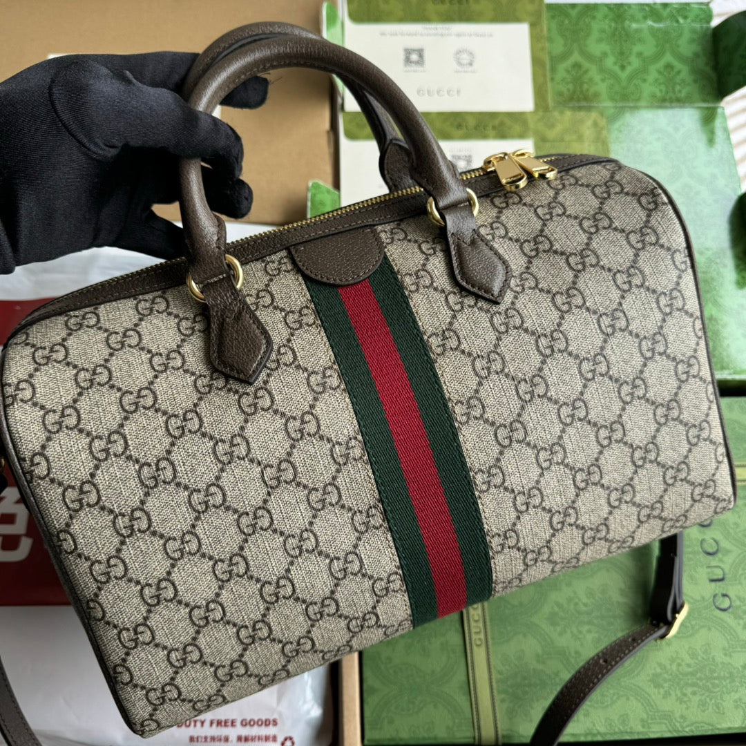 GUCCI OPHIDIA LARGE BOSTON BAG 31 IN BEIGE EBONY  BROWN CALFSKIN TRIM