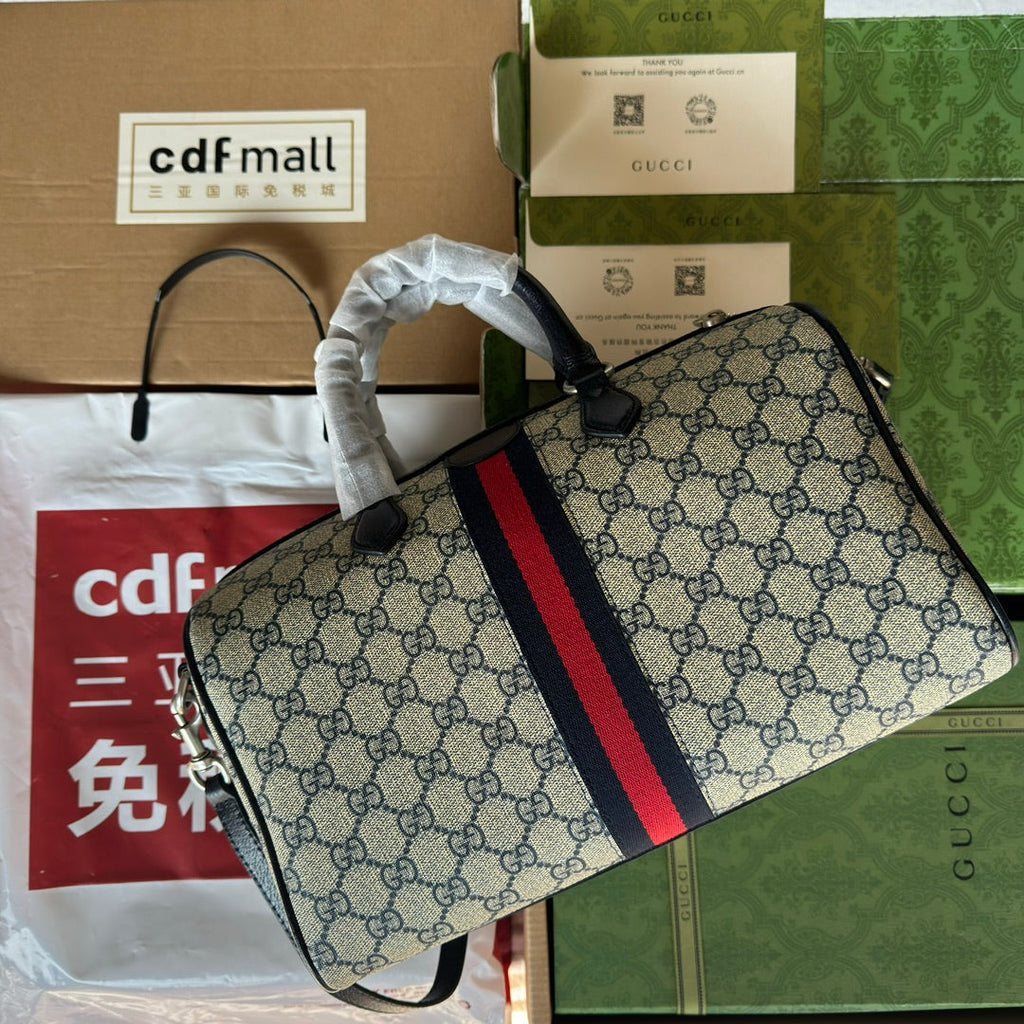 GUCCI OPHIDIA LARGE BOSTON BAG 31 IN BEIGE AND BLUE  CALFSKIN