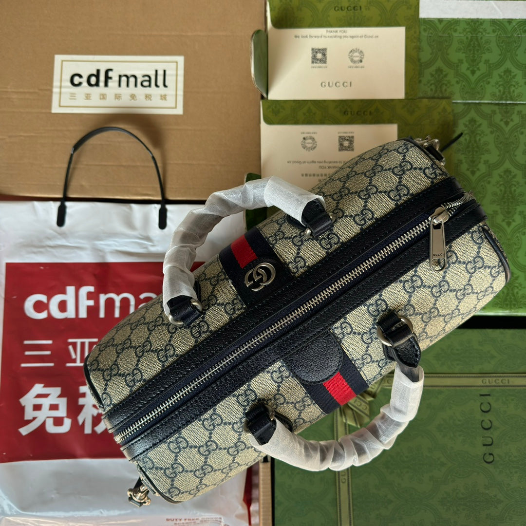GUCCI OPHIDIA LARGE BOSTON BAG 31 IN BEIGE AND BLUE  CALFSKIN