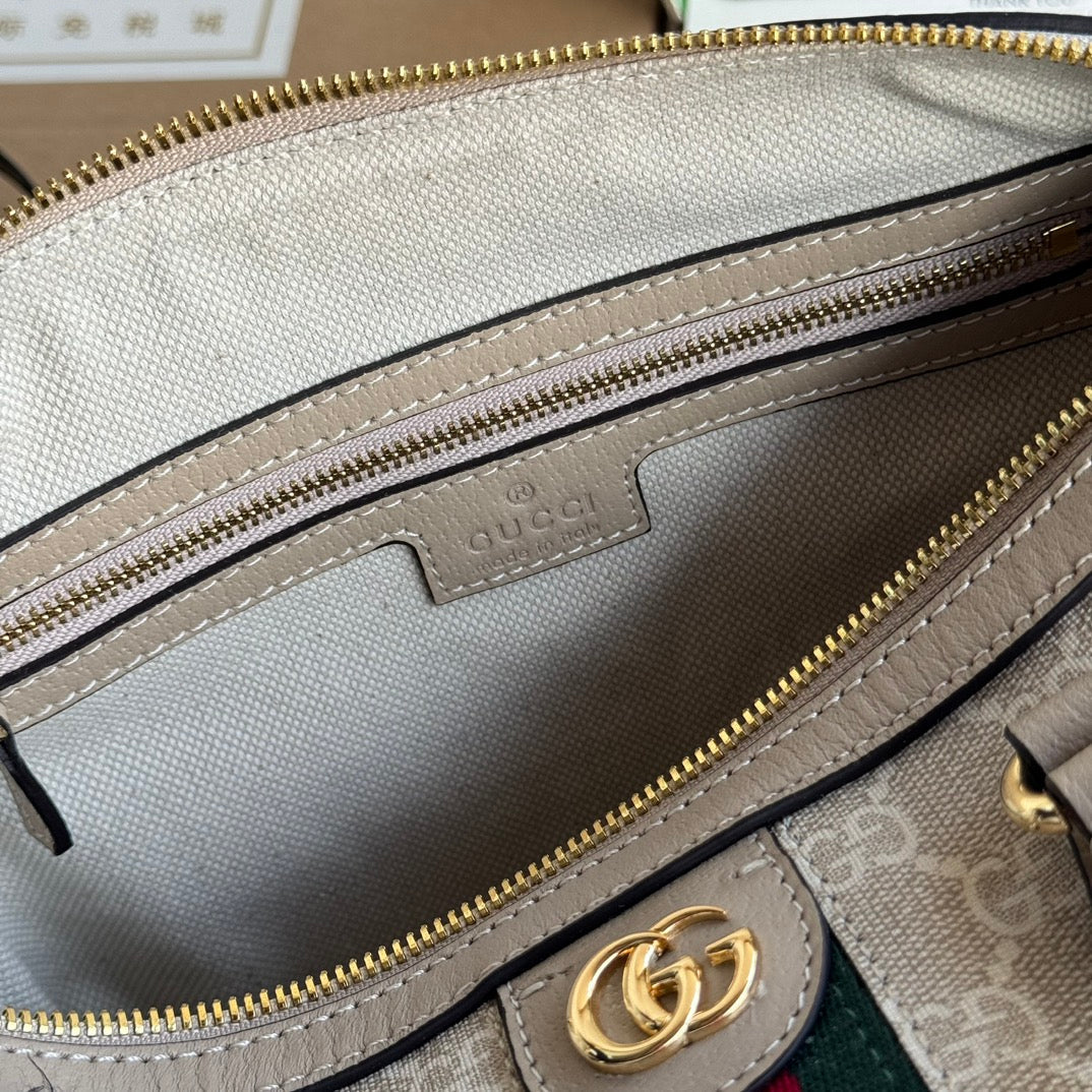 GUCCI OPHIDIA SMALL TOP HANDLE BAG 26 IN BEIGE WHITE CANVAS AND OAT CALFSKIN TRIM GOLD HARDWARE
