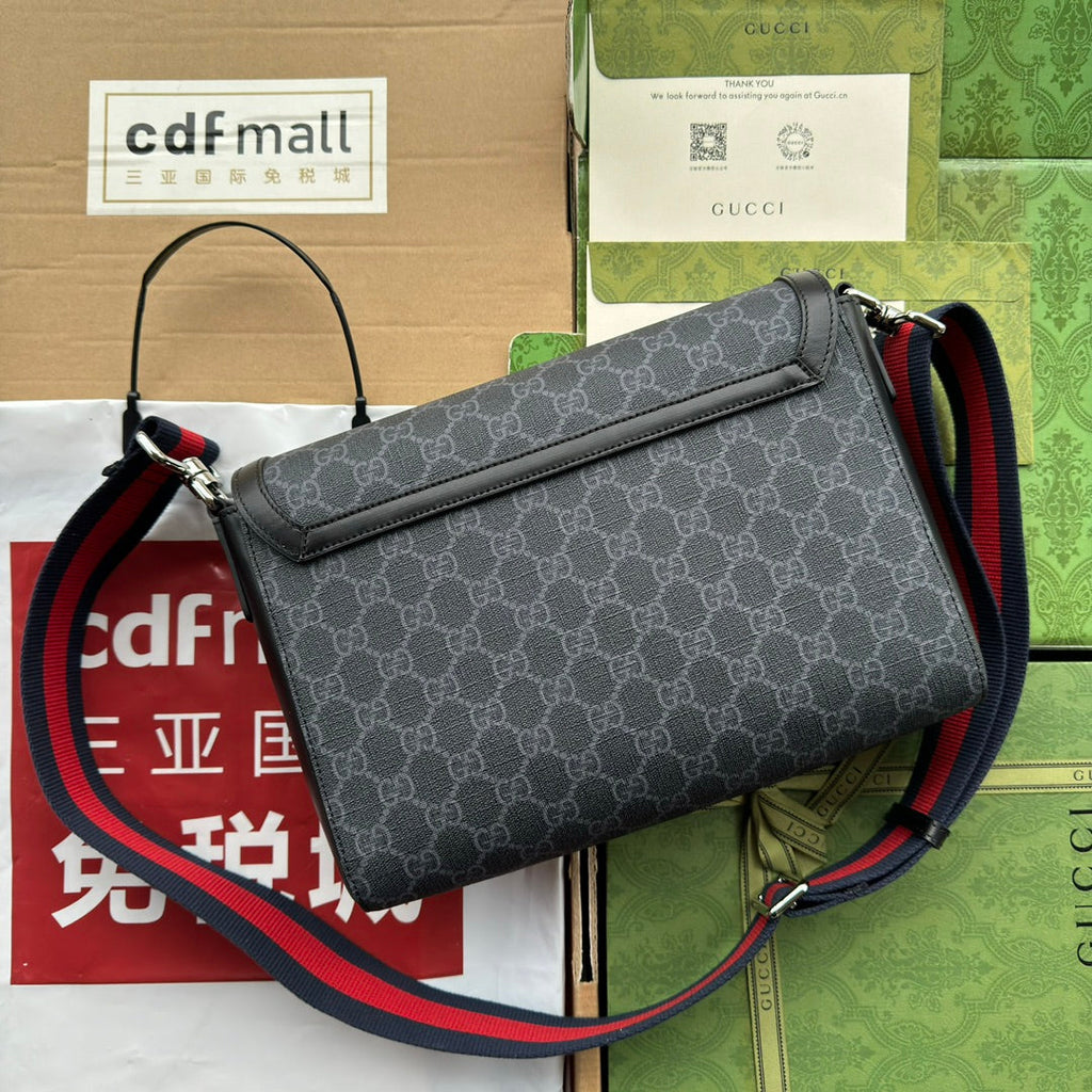 GUCCI OPHIDIA MEDIUM MESSENGER FLAP BAG 27 IN DARK GREY AND BLACK CALFSKIN
