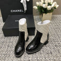 CHANEL ROUND-TOE SHORT BOOTS BLACK MIX WHITE SHEEPSKIN