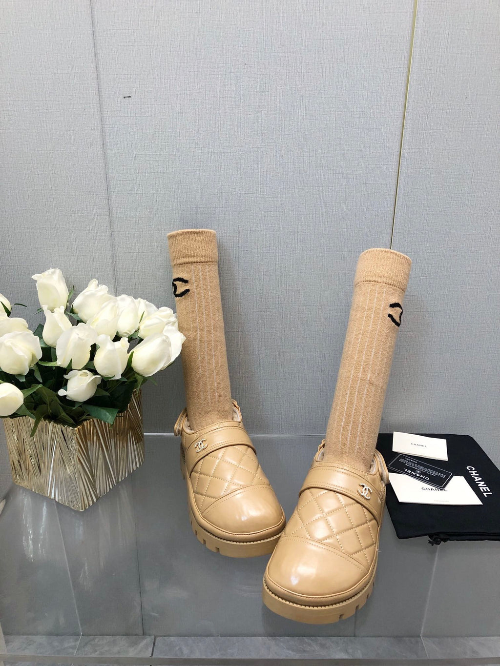 CHANEL CHUNKY PLATFORM SHEARLING SLIPPER BEIGE CREAM LAMBSKIN