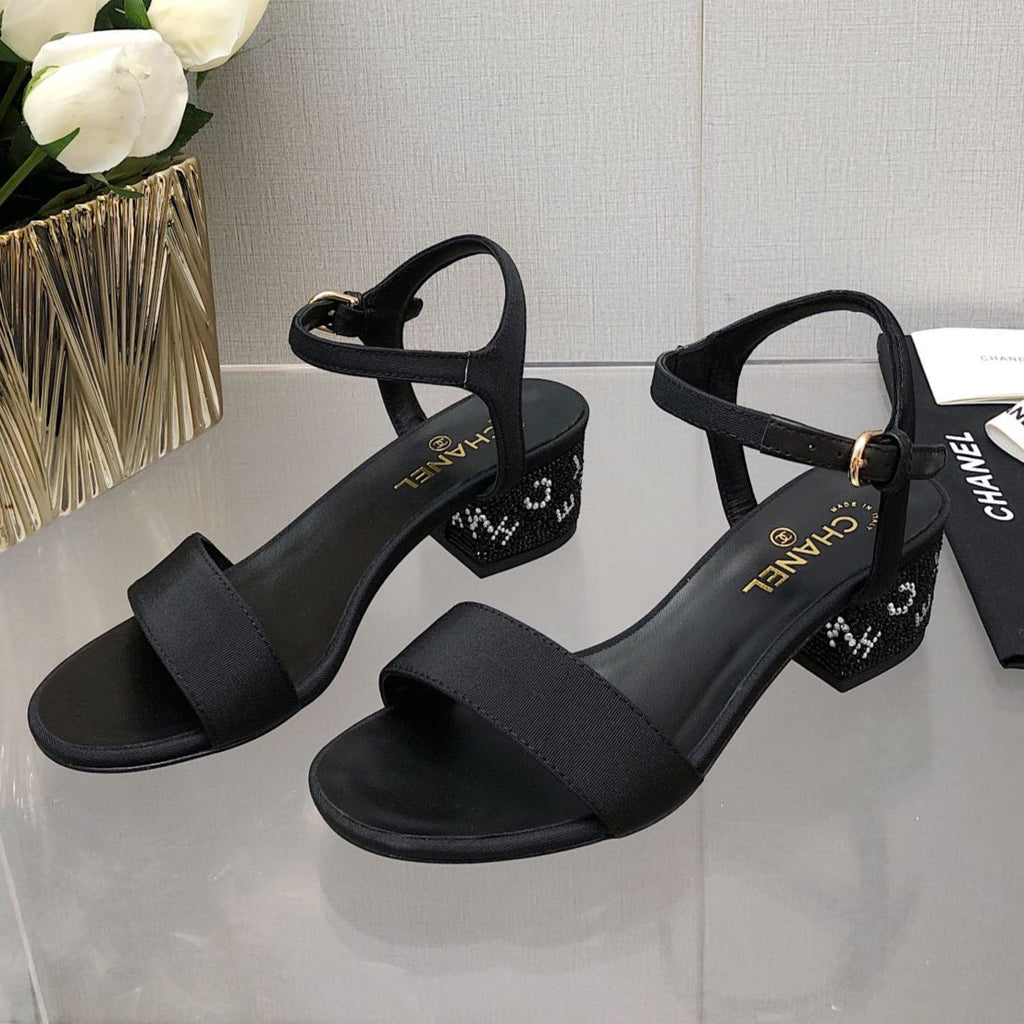 CHANEL BLOCK HEEL WITH CRYSTAL 5 CM SANDAL IN BLACK FABRIC