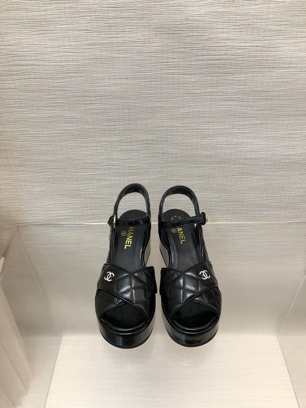 CHANEL WEDGE SANDALS IN BLACK CALFSKIN