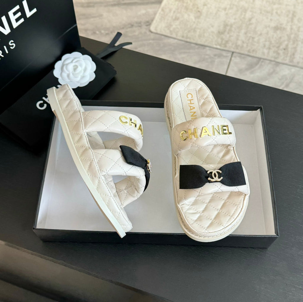 CHANEL Mule Sandals Lambskin White Black