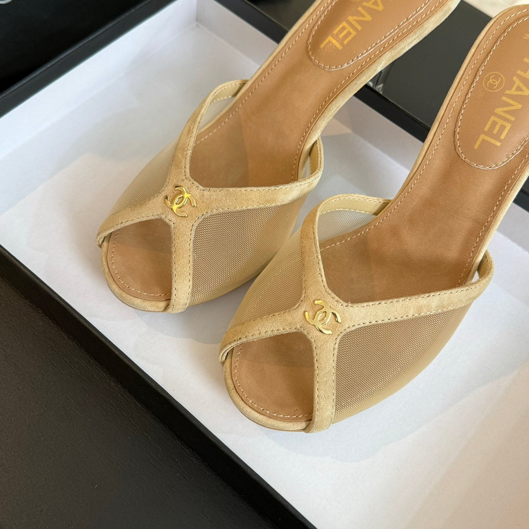 CHANEL Double C High Heel Tan Brown Lambskin