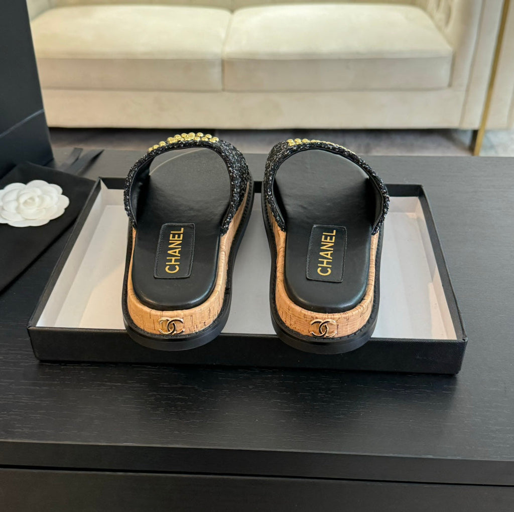 CHANEL Double C Wood Grain Platform Slippers Black Wool