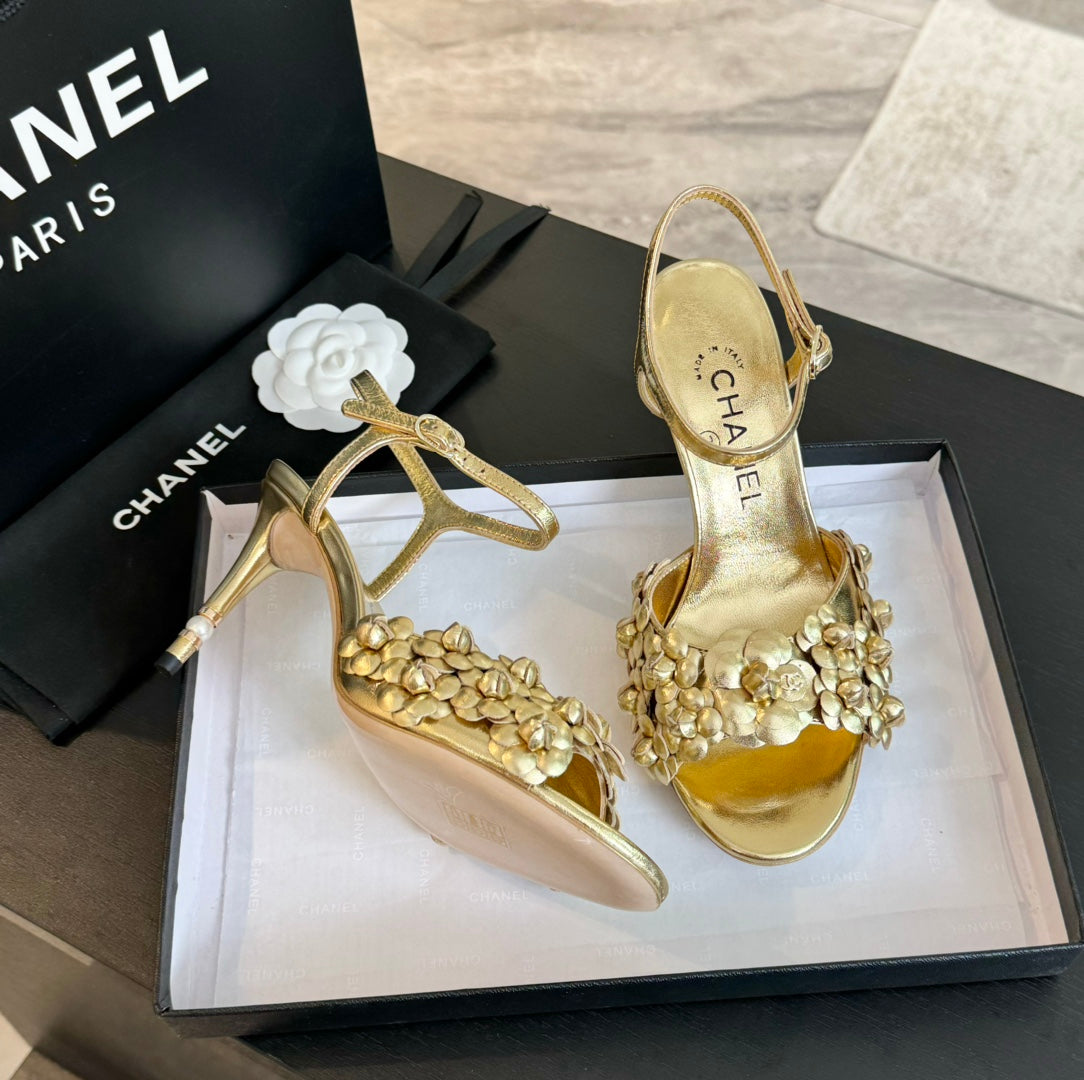 CHANEL Little Camellia World Thin High Sandals Gold Lambskin