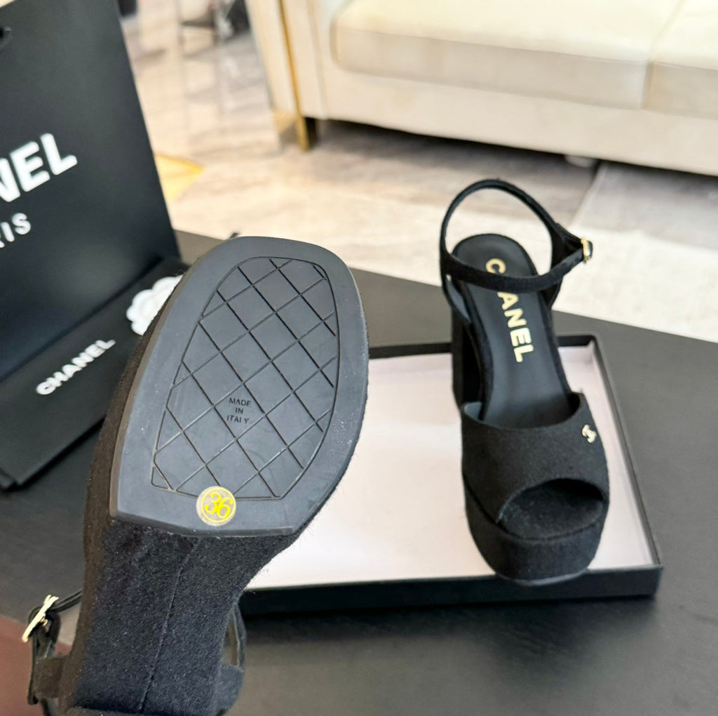 CHANEL HIGH HEEL PLATFORM SANDALS IN BLACK SUEDE