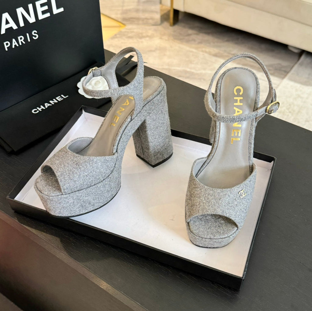 CHANEL HIGH HEEL PLATFORM SANDALS IN DOVE GRAY SUEDE